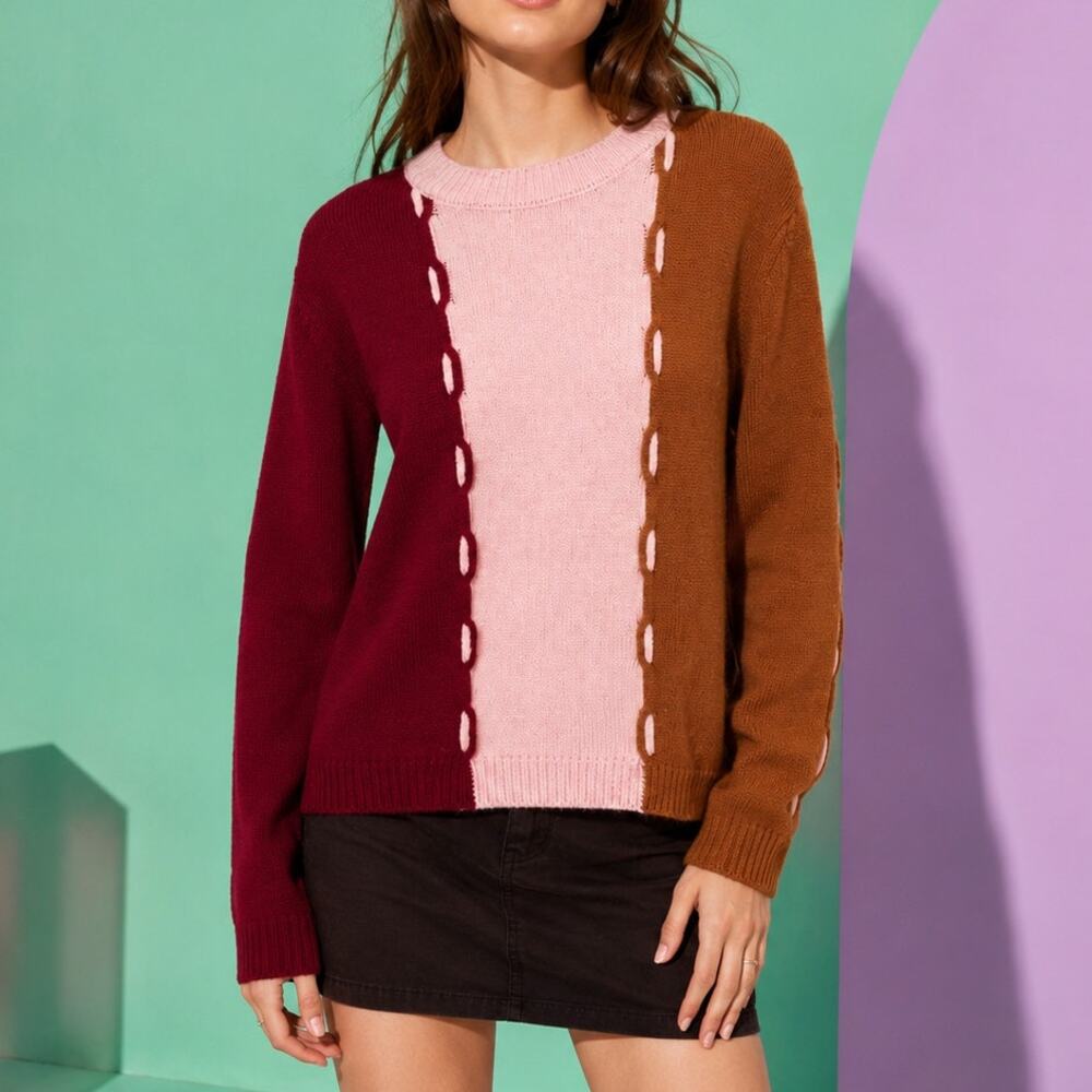 La DoubleJ Braided Crew Merino Wool Sweater S Colorblock Made in Italy Designer